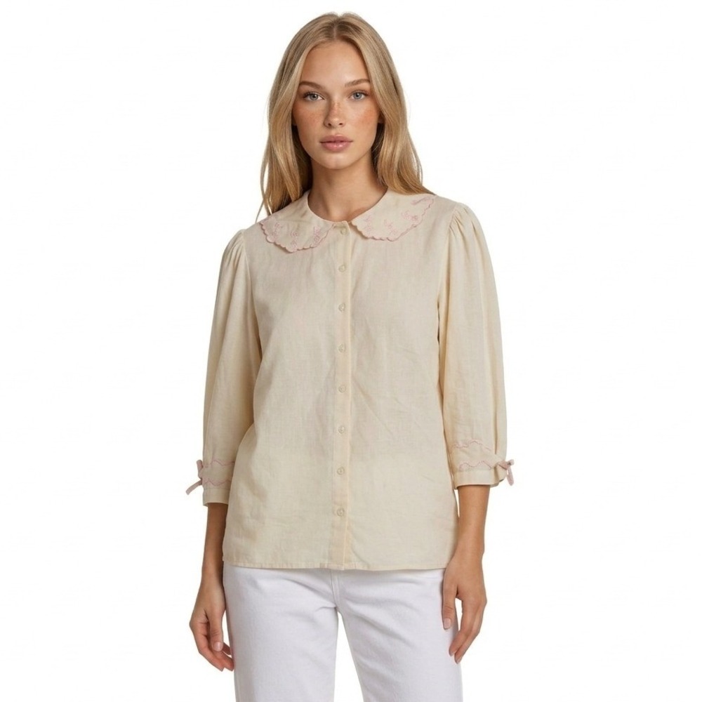 Brooks Brothers Blouse Womens Size 12 Cream Pink Peter Pan Collar 100% Linen Top